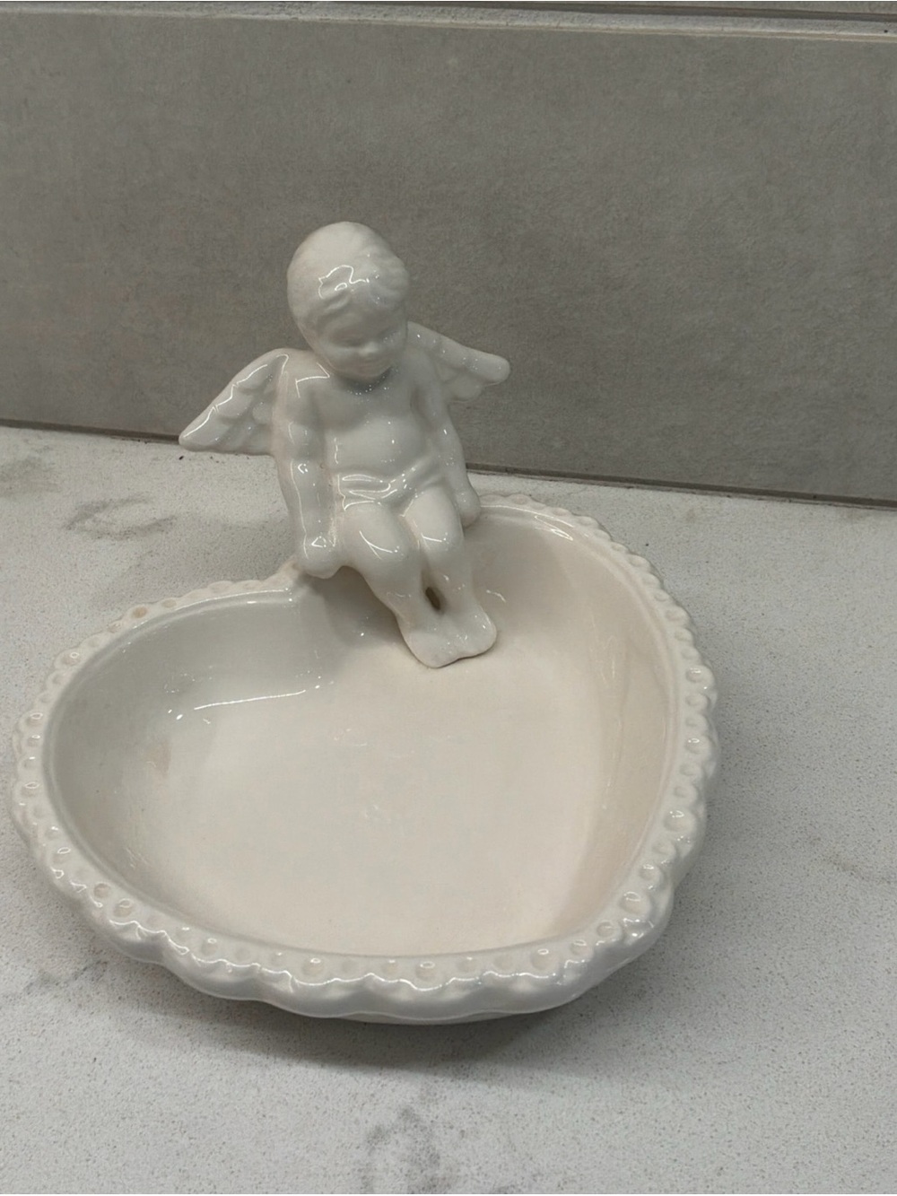White Ceramic Heart Trinket Dish with Angel Figurine Decorative Accent
